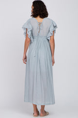 Light Blue Deep V-Neck Button Down Maxi Dress