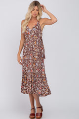 Brown Floral Empire Waist Ruffle Hem Maternity Maxi Dress