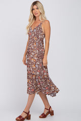 Brown Floral Empire Waist Ruffle Hem Maxi Dress