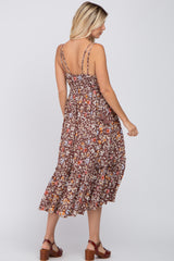 Brown Floral Empire Waist Ruffle Hem Maxi Dress