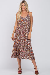 Brown Floral Empire Waist Ruffle Hem Maxi Dress