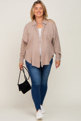 Taupe Crepe Maternity Plus Button Up Shirt