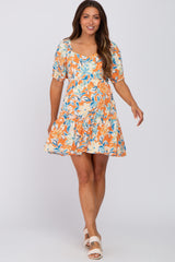 Orange Floral Tiered Maternity Dress