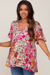 Fuchsia Floral V-Neck Ruffle Hem Short Sleeve Maternity Top