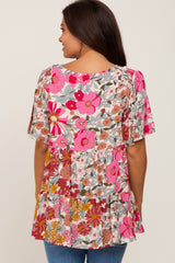 Fuchsia Floral V-Neck Ruffle Hem Short Sleeve Maternity Top