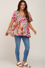 Fuchsia Floral V-Neck Ruffle Hem Short Sleeve Maternity Top