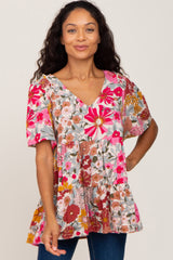 Fuchsia Floral V-Neck Ruffle Hem Short Sleeve Maternity Top