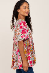 Fuchsia Floral V-Neck Ruffle Hem Short Sleeve Top