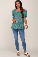 Green Floral Smocked Square Neck Short Sleeve Maternity Top