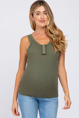 Olive Button Neckline Ribbed Maternity Tank