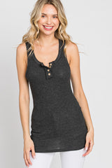 Charcoal Button Neckline Ribbed Tank