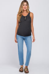 Charcoal Button Neckline Ribbed Maternity Tank