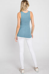 Blue Button Neckline Ribbed Tank