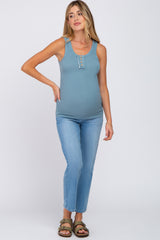 Blue Button Neckline Ribbed Maternity Tank