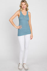 Blue Button Neckline Ribbed Tank