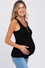 Black Button Neckline Ribbed Maternity Tank