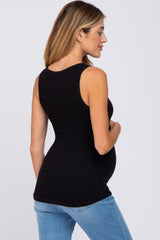 Black Button Neckline Ribbed Maternity Tank