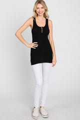 Black Button Neckline Ribbed Tank