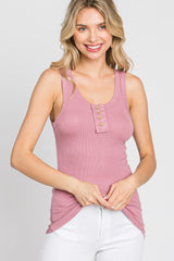 Pink Button Neckline Ribbed Tank