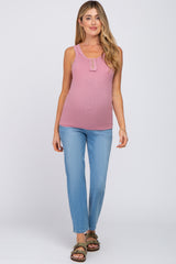 Pink Button Neckline Ribbed Maternity Tank