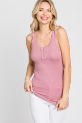 Pink Button Neckline Ribbed Tank