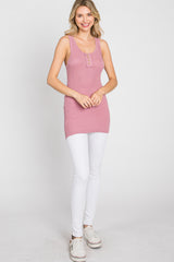 Pink Button Neckline Ribbed Tank