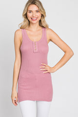 Pink Button Neckline Ribbed Tank