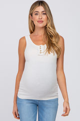 Beige Button Neckline Ribbed Maternity Tank