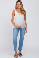 Beige Button Neckline Ribbed Maternity Tank