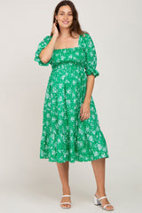 Green Floral Smocked Maternity Midi Dress