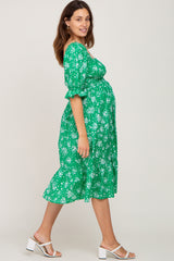 Green Floral Smocked Maternity Midi Dress