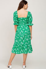 Green Floral Smocked Maternity Midi Dress