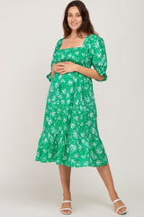 Green Floral Smocked Maternity Midi Dress