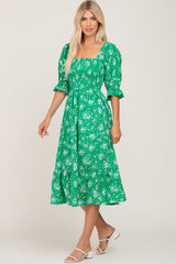 Green Floral Smocked Midi Dress