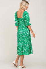 Green Floral Smocked Midi Dress