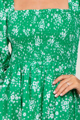 Green Floral Smocked Midi Dress