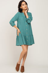 Sage Button Down Long Sleeve Ruffle Hem Dress