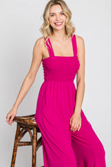 Magenta Sleeveless Smocked Wide Leg Jumpsuit