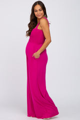 Magenta Sleeveless Smocked Wide Leg Maternity Jumpsuit