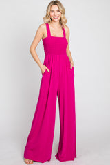 Magenta Sleeveless Smocked Wide Leg Jumpsuit