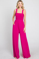 Magenta Sleeveless Smocked Wide Leg Jumpsuit