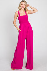 Magenta Sleeveless Smocked Wide Leg Jumpsuit