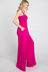 Magenta Sleeveless Smocked Wide Leg Jumpsuit