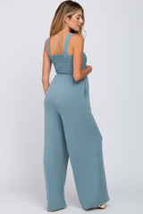 Blue Sleeveless Smocked Wide Leg Maternity Jumpsuit