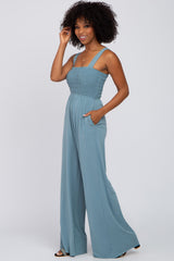 Blue Sleeveless Smocked Wide Leg Jumpsuit