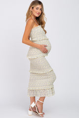 Yellow Floral Print Smocked Maternity Midi Dress