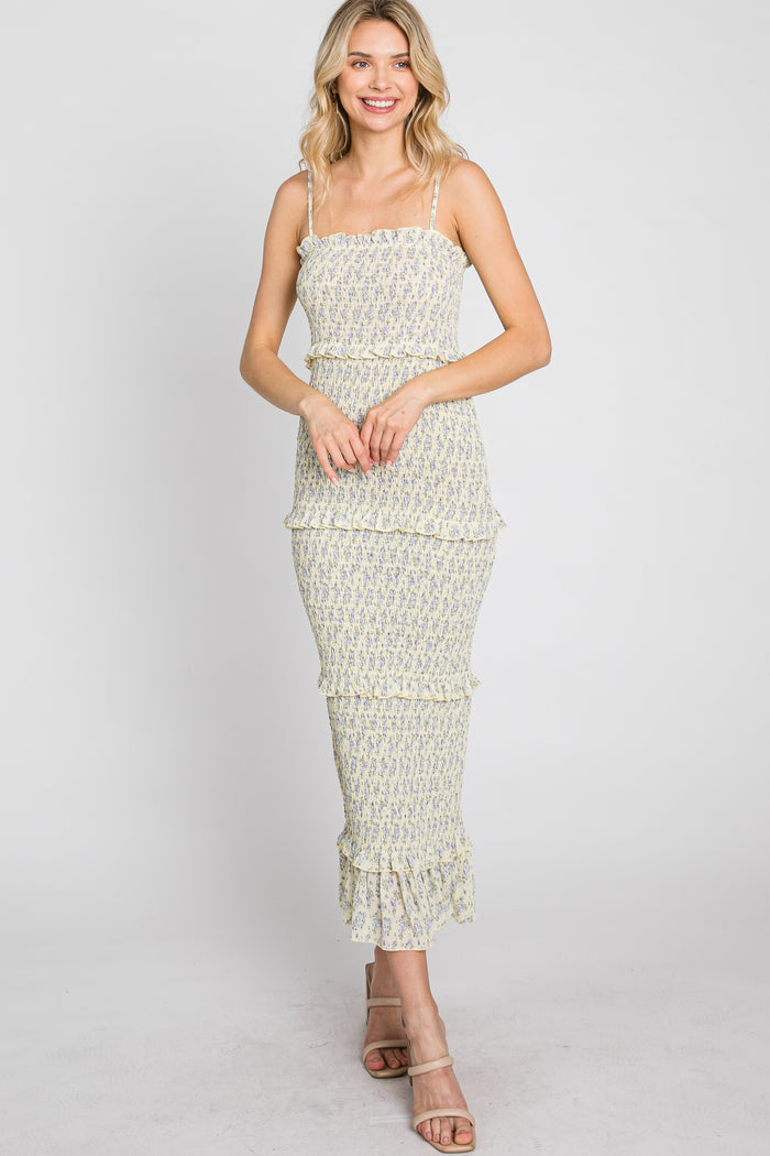 Yellow Floral Print Smocked Midi Dress
