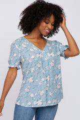 Blue Floral Polka Dot Pleated Front Bubble Sleeve Maternity Top