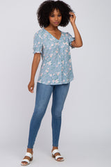 Blue Floral Polka Dot Pleated Front Bubble Sleeve Top