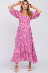 Fuchsia Floral Smocked Maternity Maxi Dress